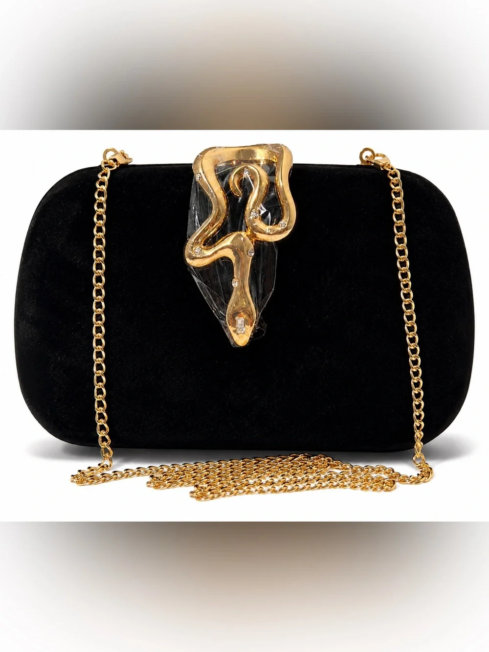 Nodeber Black Velvet Clutch Snake Clasp Gold tone Chain Evening cocktail Bag NWT